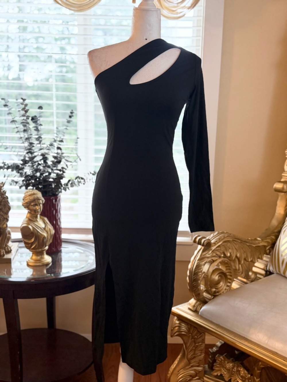 One-Shoulder Black Cutout Midi Dress - Sleek Evening Style